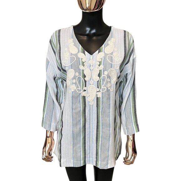 Soft Surroundings Blue Green Striped Embroidered Tunic Top Cotton Blend Medium - Picture 2 of 10